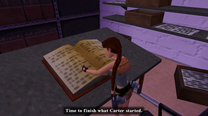 Lara Croft reads a very large book in Tomb Raider 4-6 Remastered.