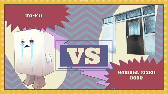 A battle vs screen between a crying tofu block mascot and a normal sized door in Promise Mascot Agency.