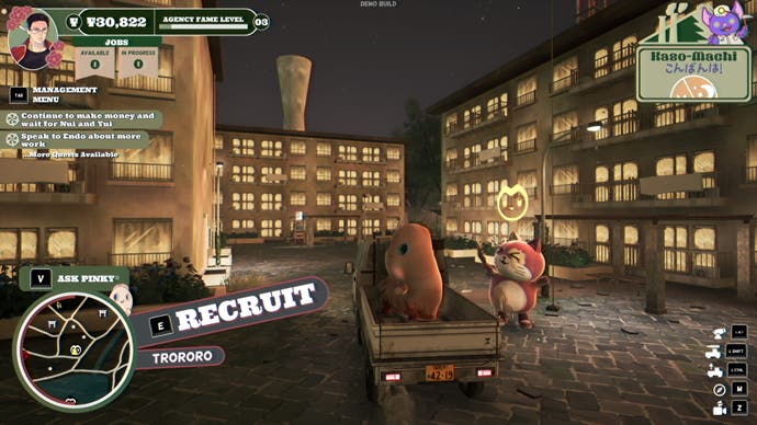 A truck pulls up to a cat mascot in a set of apartment blocks in Promise Mascot Agency.