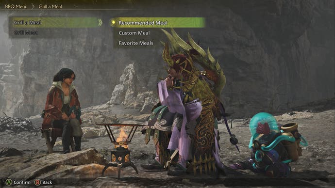 A hunter grills a meal with friends in Monster Hunter Wilds.