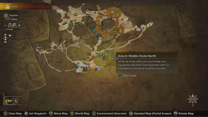 A detailed map screen in Monster Hunter Wilds.