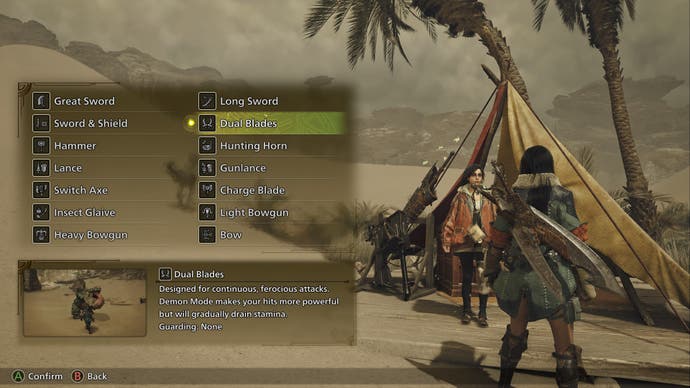 The weapon selection screen in Monster Hunter Wilds.