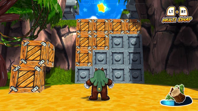 Ruffy and the Riverside screenshot showing Ruffy character in front of a wall made of wooden and stone blocks