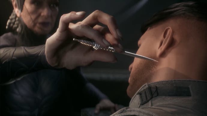 Dune: Awakening screenshot showing woman holding a needle-like device over a man's neck