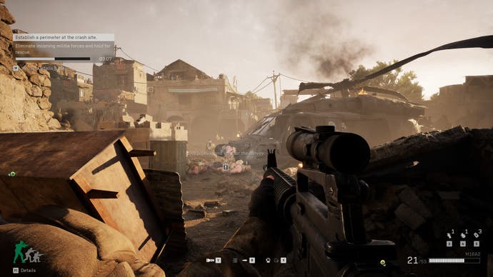 A screenshot of Delta Force, showing the player defending against a wave of Somali militia near a crashed black hawk helicopter.