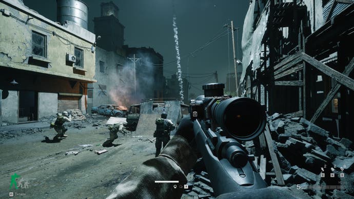 A screenshot of Delta Force, showing the player moving down a Mogadishu street at night, illuminated by flares.