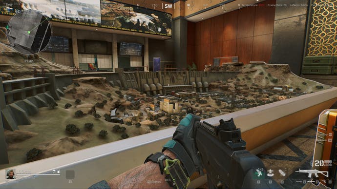 A screenshot of Delta Force, showing the player looking at a scale model of the Zero Dam level in operations mode.