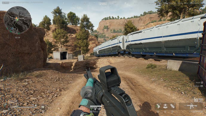 A screenshot of Delta Force, showing the player running past a moving train in Operations mode.