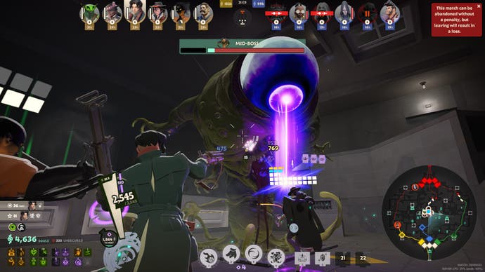 A large robot eye shoots a beam down on another player in Deadlock.