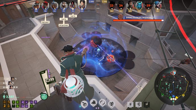 A player looks down on an enemy patron in a large arena in Deadlock.