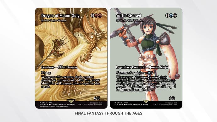 Magic: The Gathering Final Fantasy crossover showing dragon and Yuffie cards by Amano and Nomura