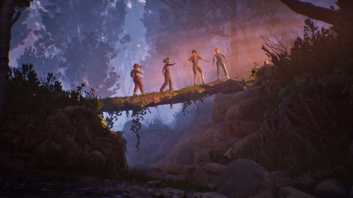 Lost Records: Bloom & Rage screenshot showing the gang crossing a log bridge.