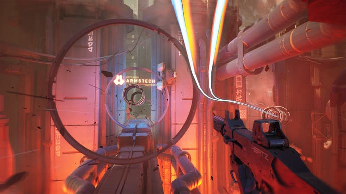 The player rides a zipline rail through an industrial sci-fi landscape in Metal Eden.