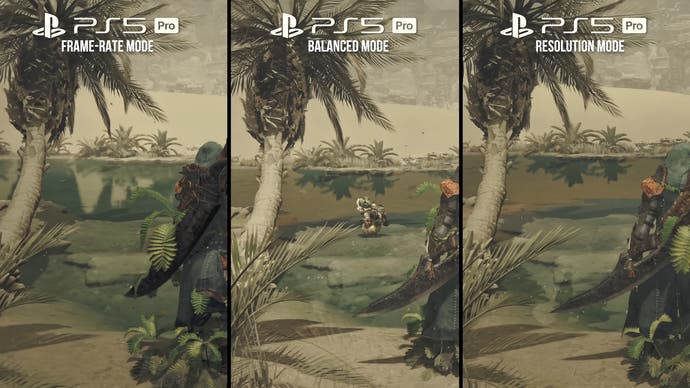 PS5 Pro modes on Monster Hunter Wilds compared: frame-rate vs balanced vs resolution, outside shot.