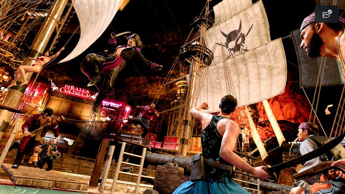 Like a Dragon: Pirate Yakuza in Hawaii screenshot showing a dramatic boarding action cutscene