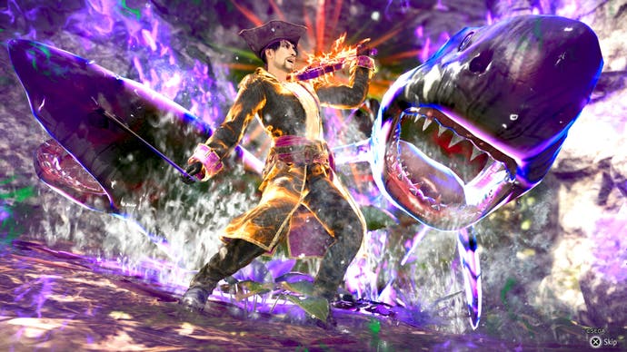 Like a Dragon: Pirate Yakuza in Hawaii screenshot showing Goro Majima summoning sharks with a cursed fiddle