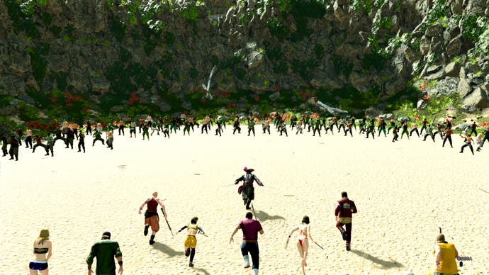 Like a Dragon: Pirate Yakuza in Hawaii screenshot showing a gigantic fight with hundreds of combatants