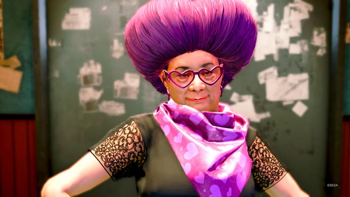 Like a Dragon: Pirate Yakuza in Hawaii screenshot showing a flamboyantly-dressed, purple-haired elderly lady with amusing glasses