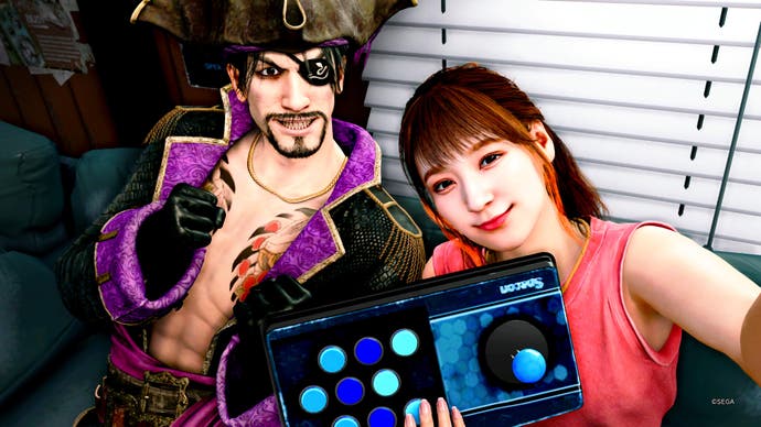 Like a Dragon: Pirate Yakuza in Hawaii screenshot showing Goro Majima and a female streamer, posing for a photo