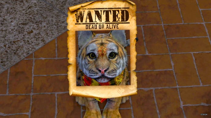 Like a Dragon: Pirate Yakuza in Hawaii screenshot showing a cute tiger cub in a comedy ‘Wanted’ phone camera filter