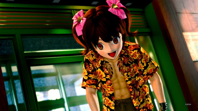 Like a Dragon: Pirate Yakuza in Hawaii screenshot showing Goro Majima wearing a comically large anime girl mask