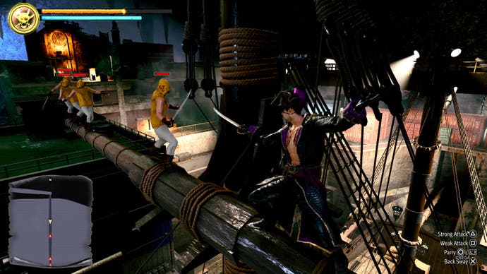 Like a Dragon: Pirate Yakuza in Hawaii screenshot showing Goro Majima fighting pirates atop the yards of an 18th Century sailing ship