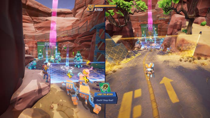 Chip n Clawz vs the Brainioids screenshot showing splitscreen action in 3rd person on a rocky map