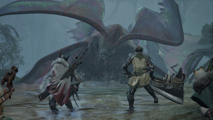 A group of hunters stand before a large monster with fleshy wings in Monster Hunter Wilds.