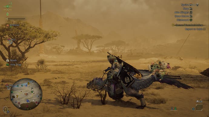 A hunter rides a Seikret across a sandy desert in Monster Hunter Wilds.