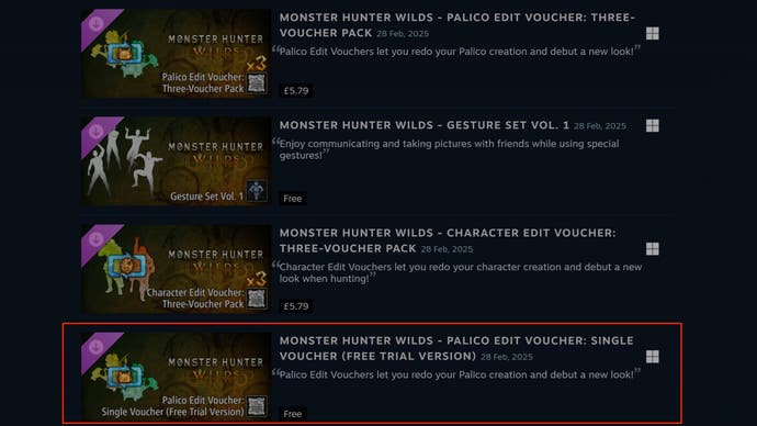 An image showing some Monster Hunter Wilds' DLC on Steam, including a free Palico Edit Voucher.