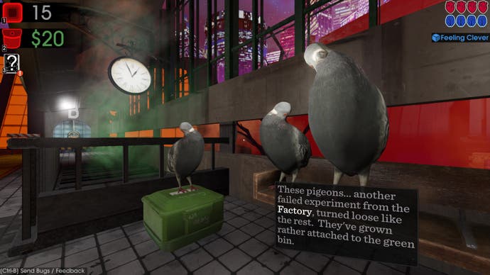 Three large pigeons loom over the player on a station platform in Moves of the Diamond Hand.