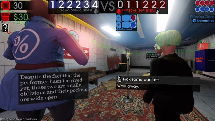 The player prepares to pickpocket two strangers standing near a busking site in Moves of the Diamond Hand.