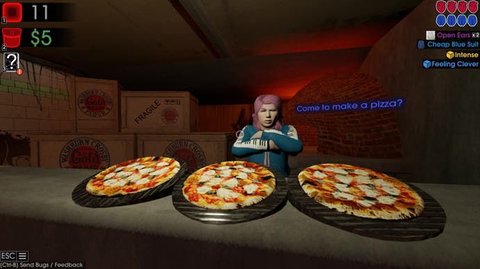 A woman in a blue jacket covered in piano keys asks the player if they've come to make a pizza in their pizza oven in Moves of the Diamond Hand.