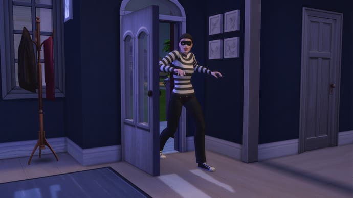 A screenshot from The Sims 4 showing a burglar sneaking through an open front door at night.