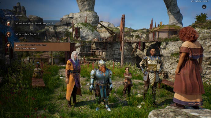 A group of fantasy heroes - an elf, a human, a dwarf, a halfling - taking to human lady. Dialogue options for each character appear on the screen.