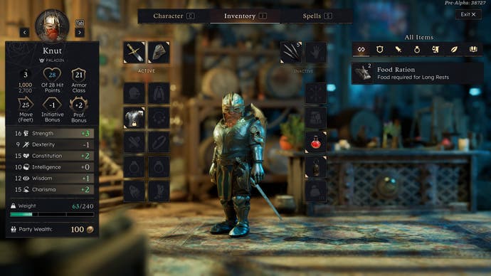 An armoured dwarf's inventory screen in Solasta 2. There are lots of boxes showing dense Dungeons & Dragons information, and some equipment icons.