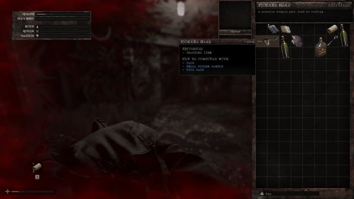 A screenshot from Total Chaos showing a backpack inventory screen, and the assortment of items in it - cigarettes, a pop-strip of pills, some rotten meat. We also see the player's various survival gauges, which cover health, stamina, hunger, bleeding and madness.