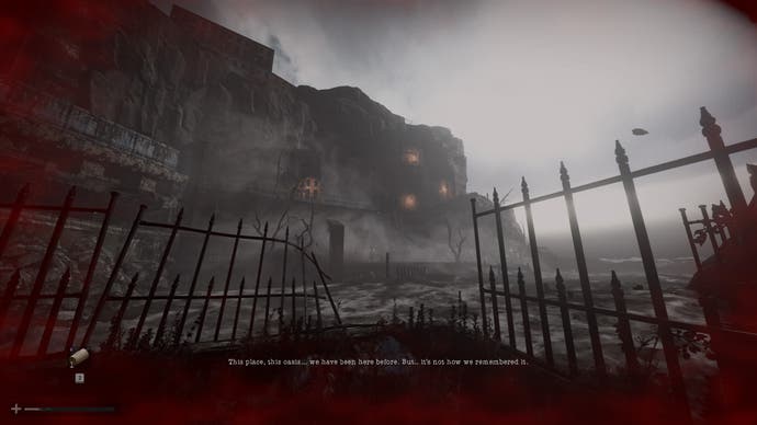 A screenshot from Total Chaos, showing a broken railing and beyond it a rocky cliff edge with doors and windows inside it. The whole place is covered in mist.