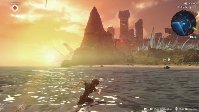 A young runs through shallow water at sunset in Xenoblade Chronicles X: Definitive Edition.