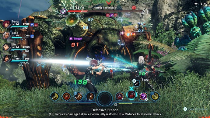 A battle against a large grassy turtle monster in Xenoblade Chronicles X: Definitive Edition.