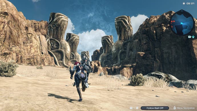 A young woman runs through a desert in Xenoblade Chronicles X: Definitive Edition.