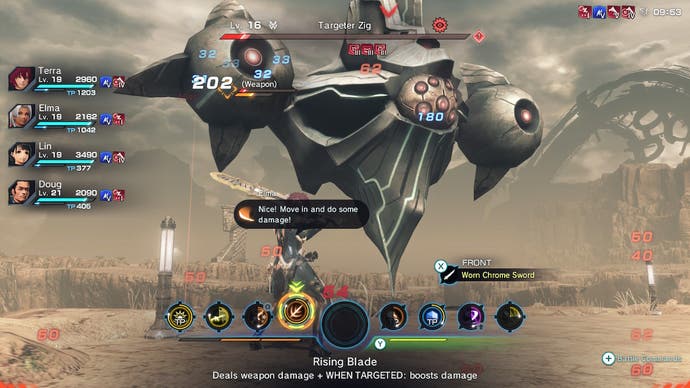 A young woman fights a large robot in Xenoblade Chronicles X: Definitive Edition.