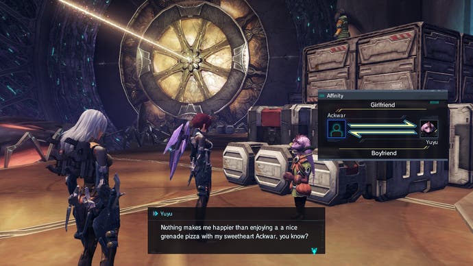 A young woman talks to a manon alien in Xenoblade Chronicles X: Definitive Edition.