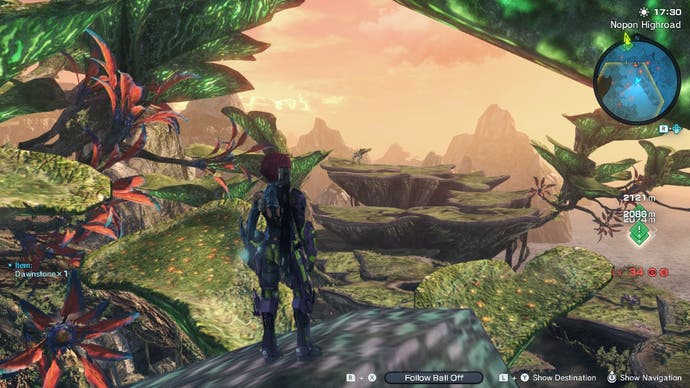 A young woman stands on a large tree at sunset in Xenoblade Chronicles X: Definitive Edition.