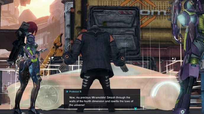 Several characters stare at a time-travelling car in Xenoblade Chronicles X: Definitive Edition.