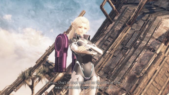 An alien woman crosses her arms in Xenoblade Chronicles X: Definitive Edition.