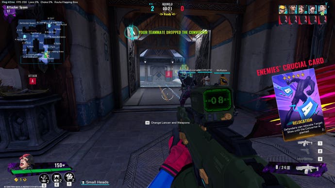 A player picks up a card as they run down a corridor in Fragpunk.