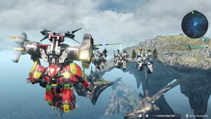 Four mechs fly through the air in Xenoblade Chronicles X: Definitive Edition.