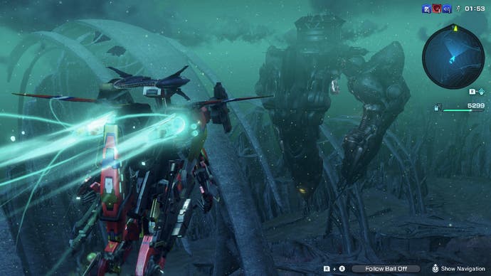 A mech flies through an alien landscape at night in Xenoblade Chronicles X: Definitive Edition.