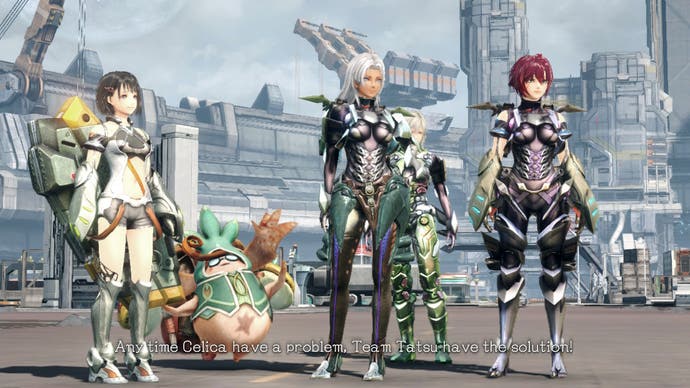 Lin, Tatsu, Elma and the female protagonist stand in New LA in Xenoblade Chronicles X: Definitive Edition.